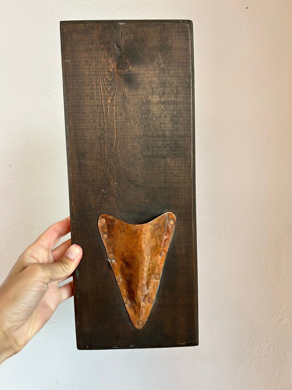 Vintage Hammered Copper Wall Pocket Wood Back Rustic Folk Art Decor